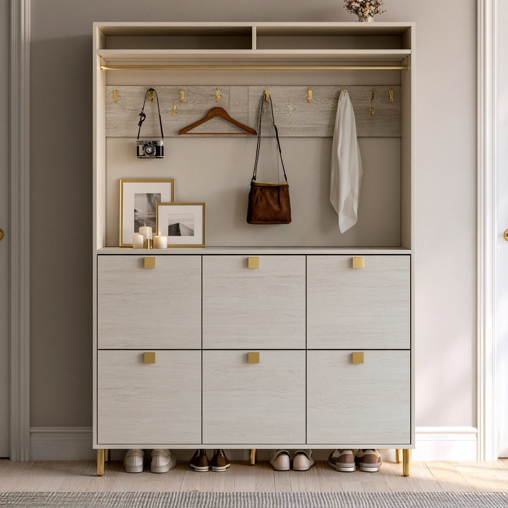 Mobile contenitore dalle linee essenziali, colore bianco avorio e beige chiaro