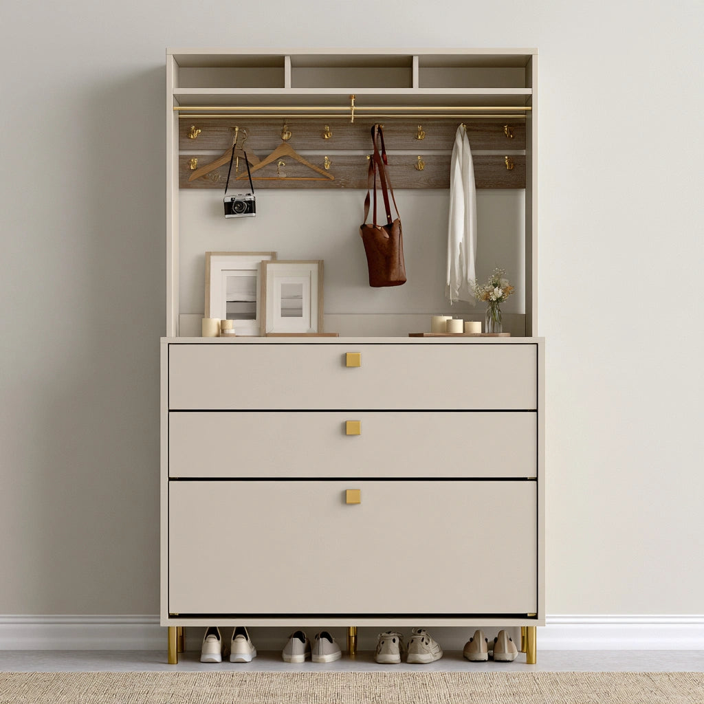 Mobile contenitore dalle linee essenziali, colore bianco avorio e beige chiaro