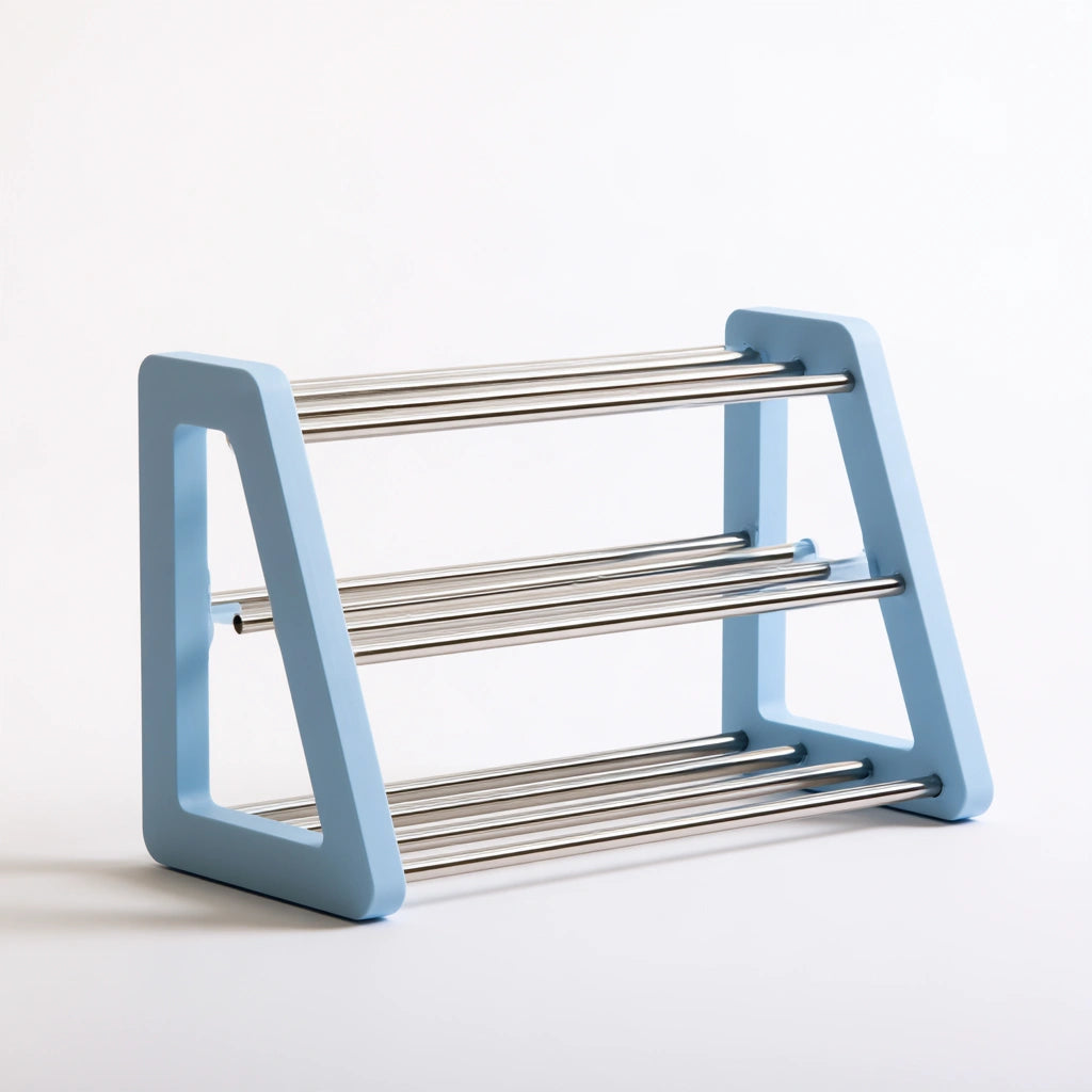 Scaffale portascarpe dalle linee essenziali a quattro livelli, colore azzurro